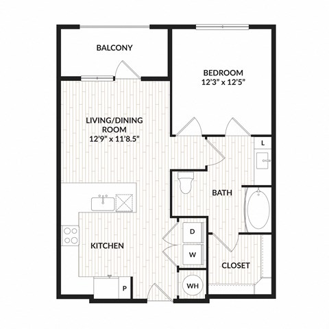 Floor plan for 1 bed, 1 bath, 734 sqft